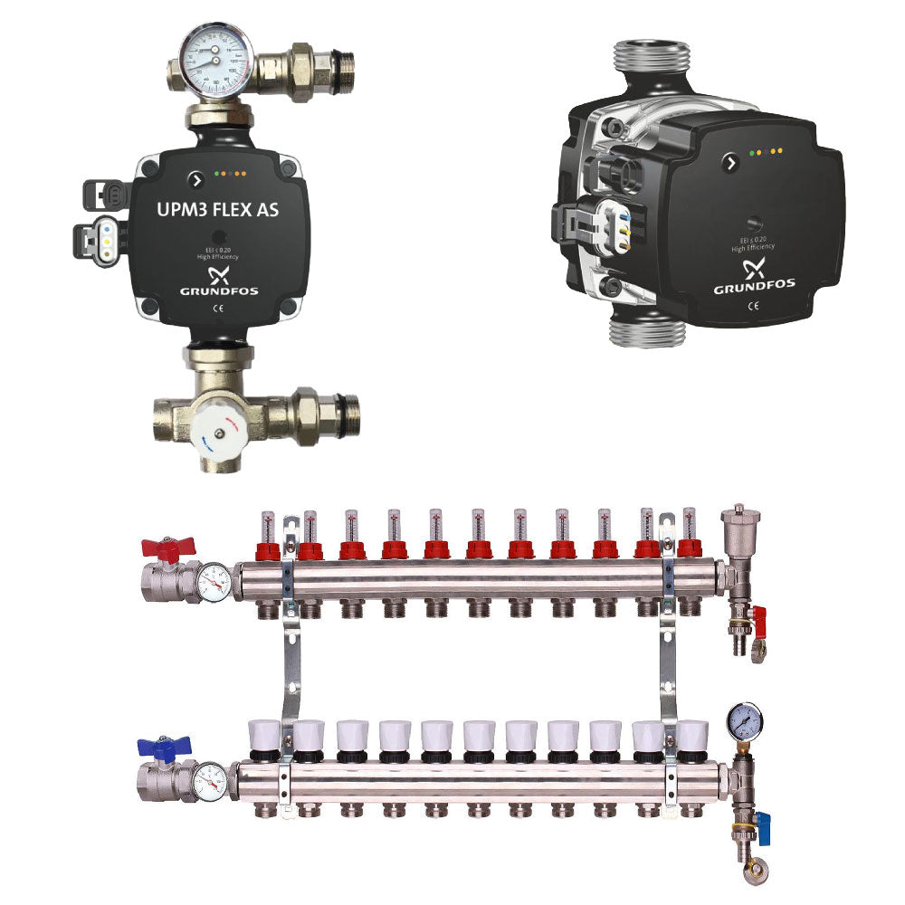 Grundfos Pump With Underfloor Heating Manifold And Pump Pack & Valves – Grundfos A Rated Pump – 2 to 12 Ports