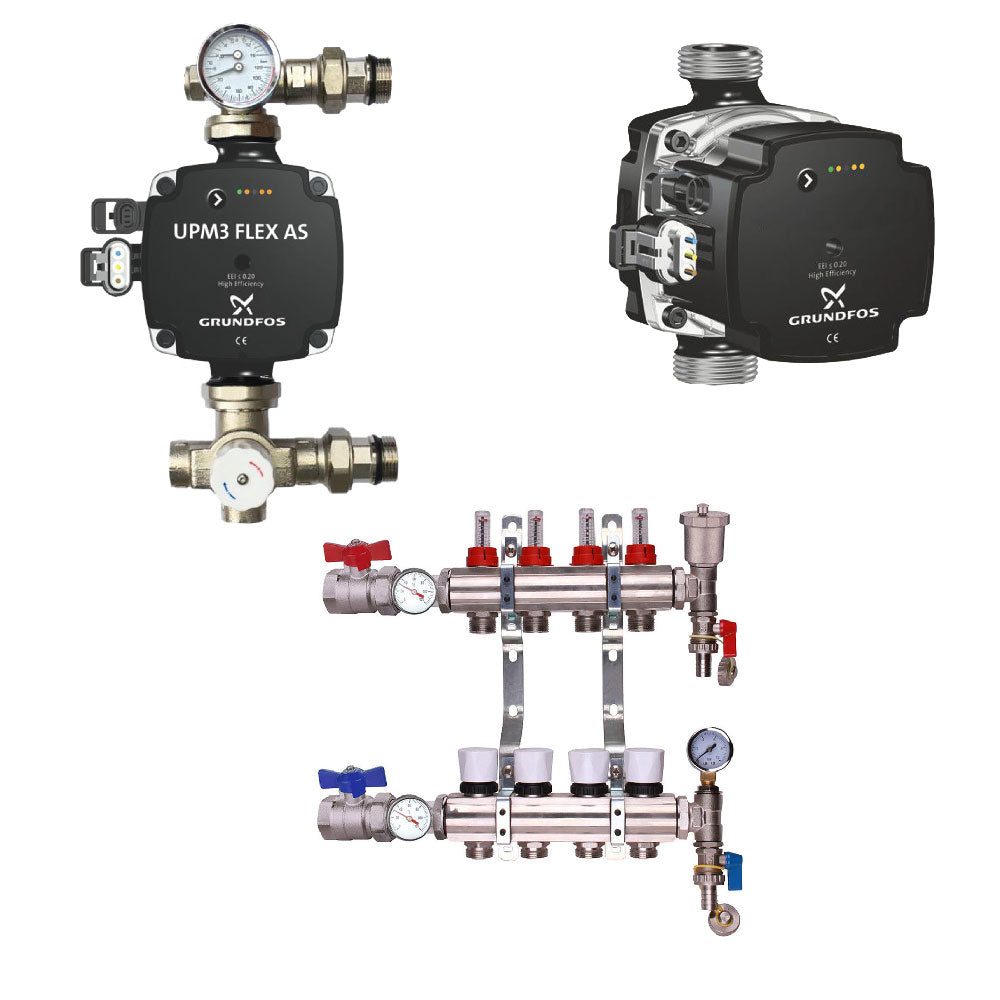 Grundfos Pump With Underfloor Heating Manifold And Pump Pack & Valves – Grundfos A Rated Pump – 2 to 12 Ports