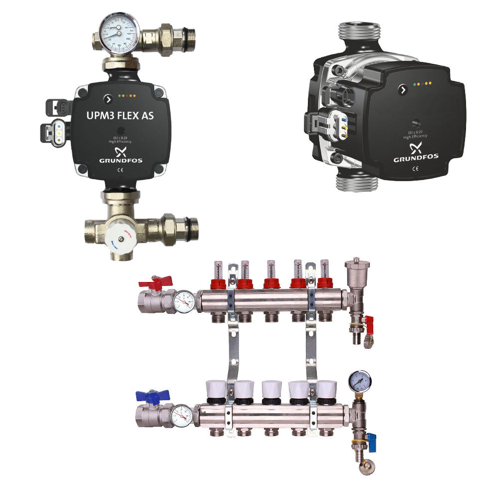 Grundfos Pump With Underfloor Heating Manifold And Pump Pack & Valves – Grundfos A Rated Pump – 2 to 12 Ports