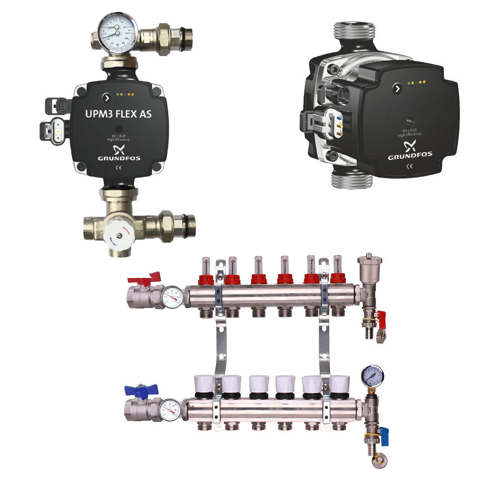 Grundfos Pump With Underfloor Heating Manifold And Pump Pack & Valves – Grundfos A Rated Pump – 2 to 12 Ports