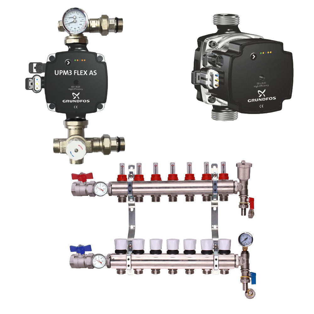 Grundfos Pump With Underfloor Heating Manifold And Pump Pack & Valves – Grundfos A Rated Pump – 2 to 12 Ports