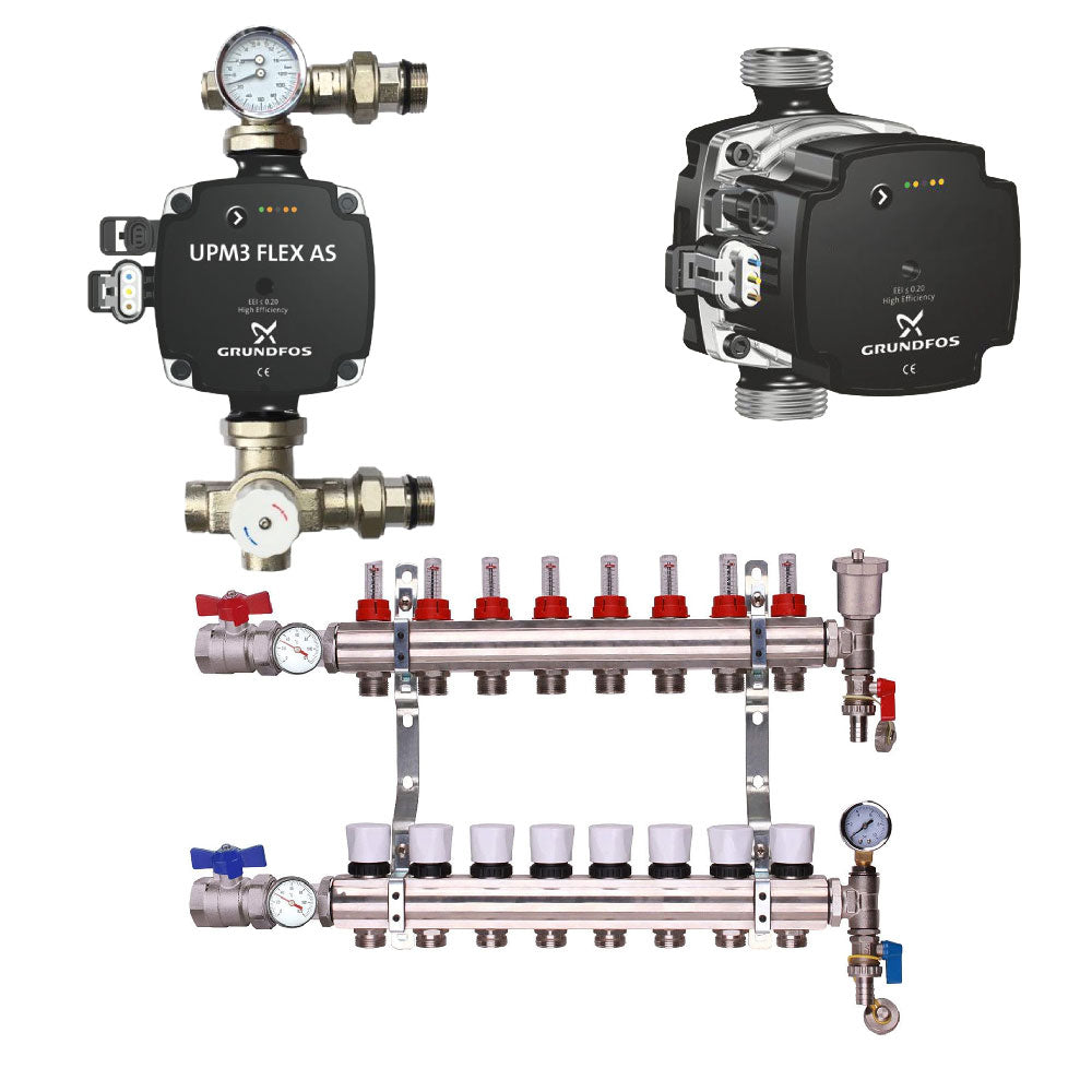 Grundfos Pump With Underfloor Heating Manifold And Pump Pack & Valves – Grundfos A Rated Pump – 2 to 12 Ports